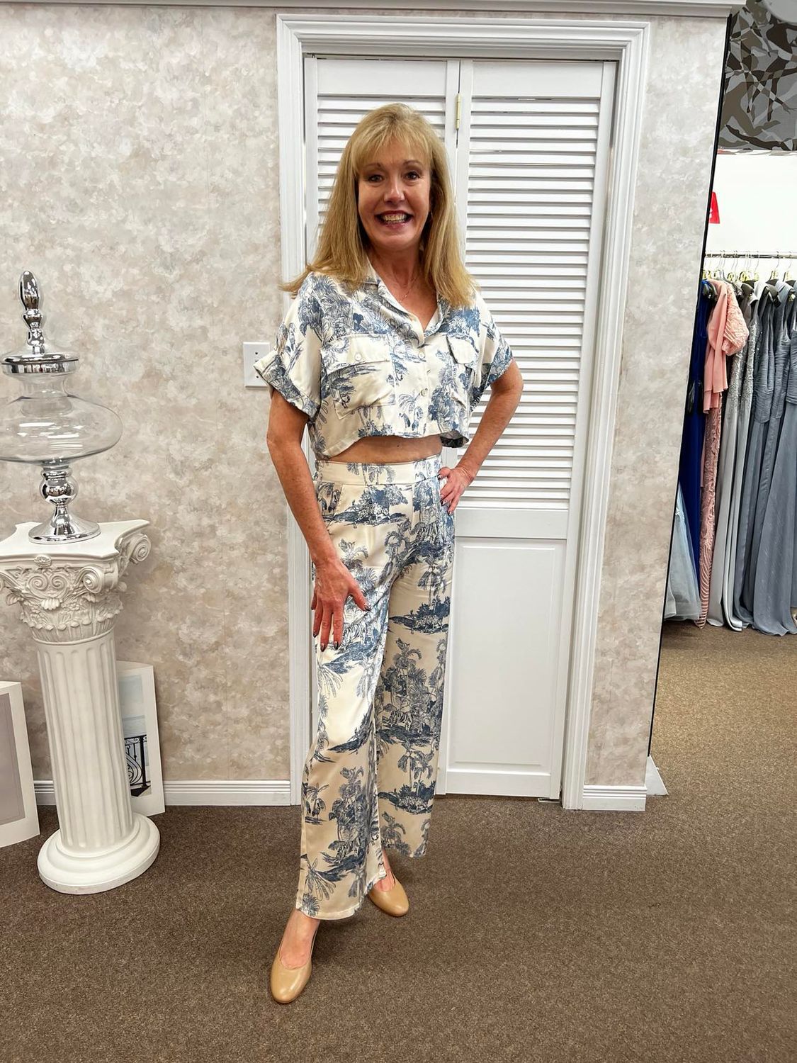 Printed silky flow pant, Color: Blue/ Cream, Size: S