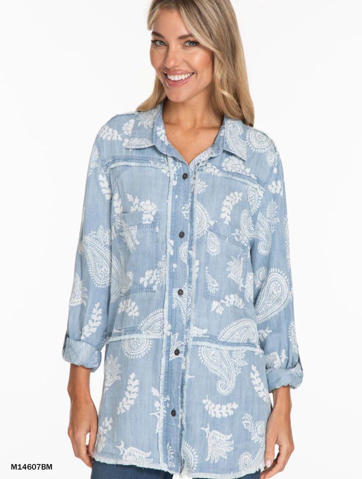 Button blouse W/ fringe hem, Color: Lt. Denim, Size: S