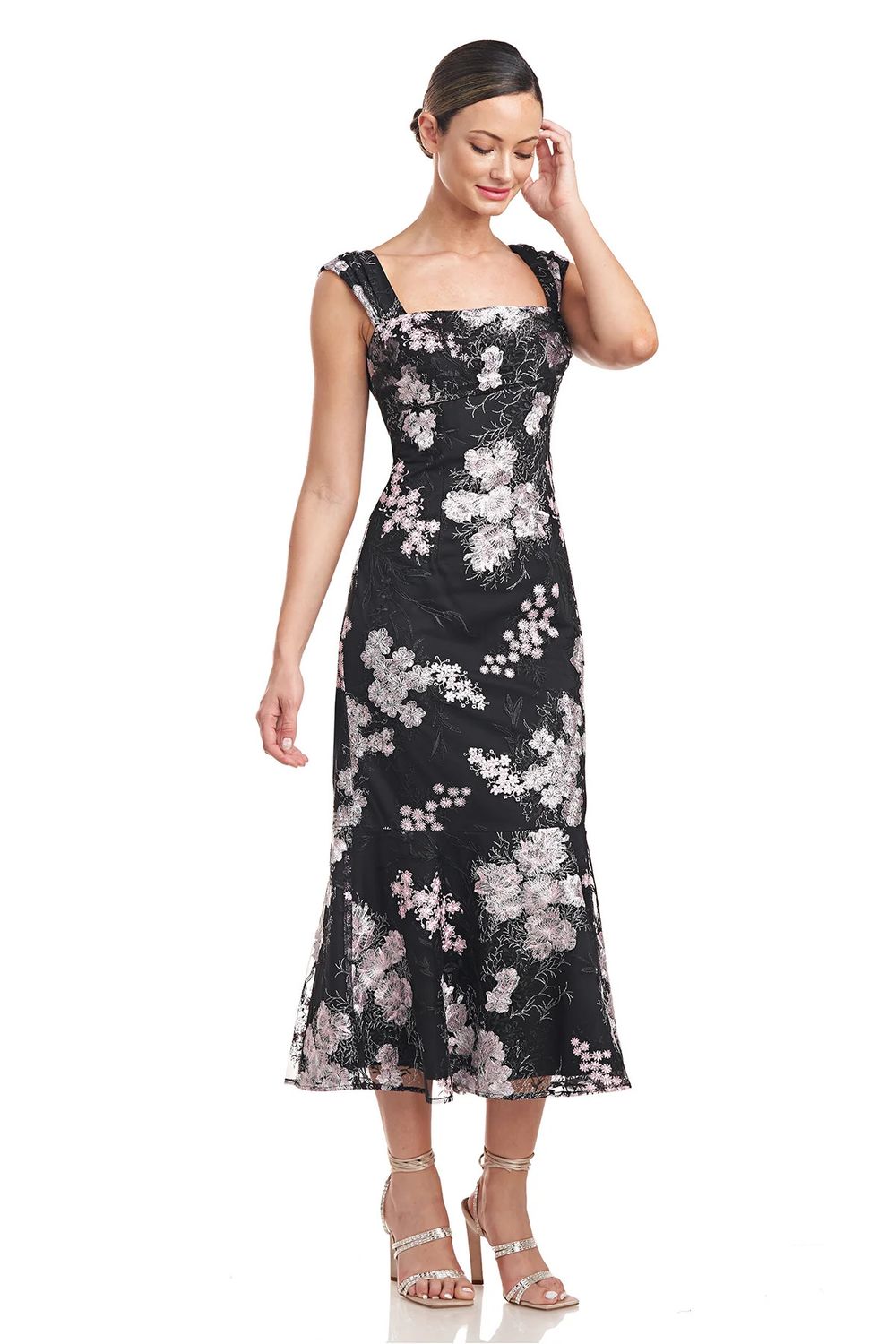 Square neck cap sleeve tea length dress, Color: Black/ Blush, Size: 8