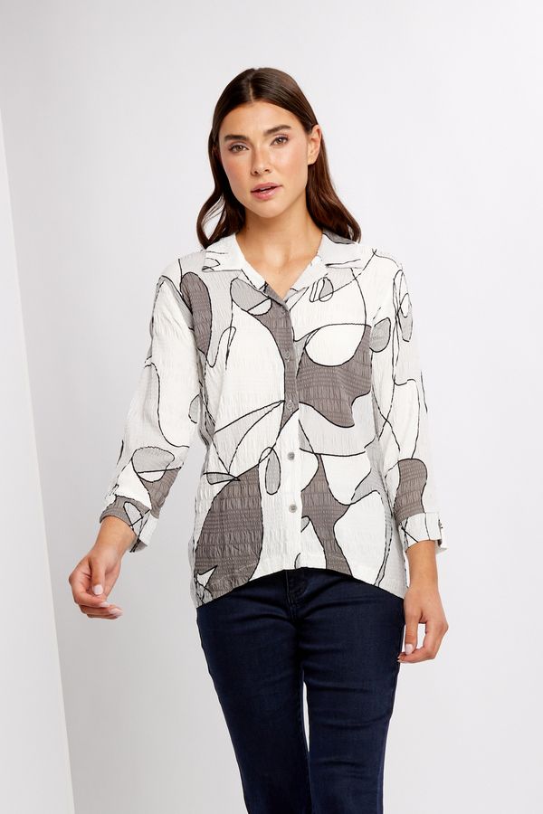 Crinkle abstract print blouse, Color: Grey/ Cream, Size: M