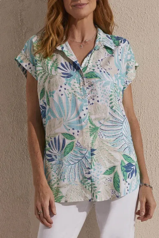 Printed cap- sleeve button up blouse