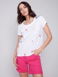 Embroidered flower t-shirt, Color: White, Size: S