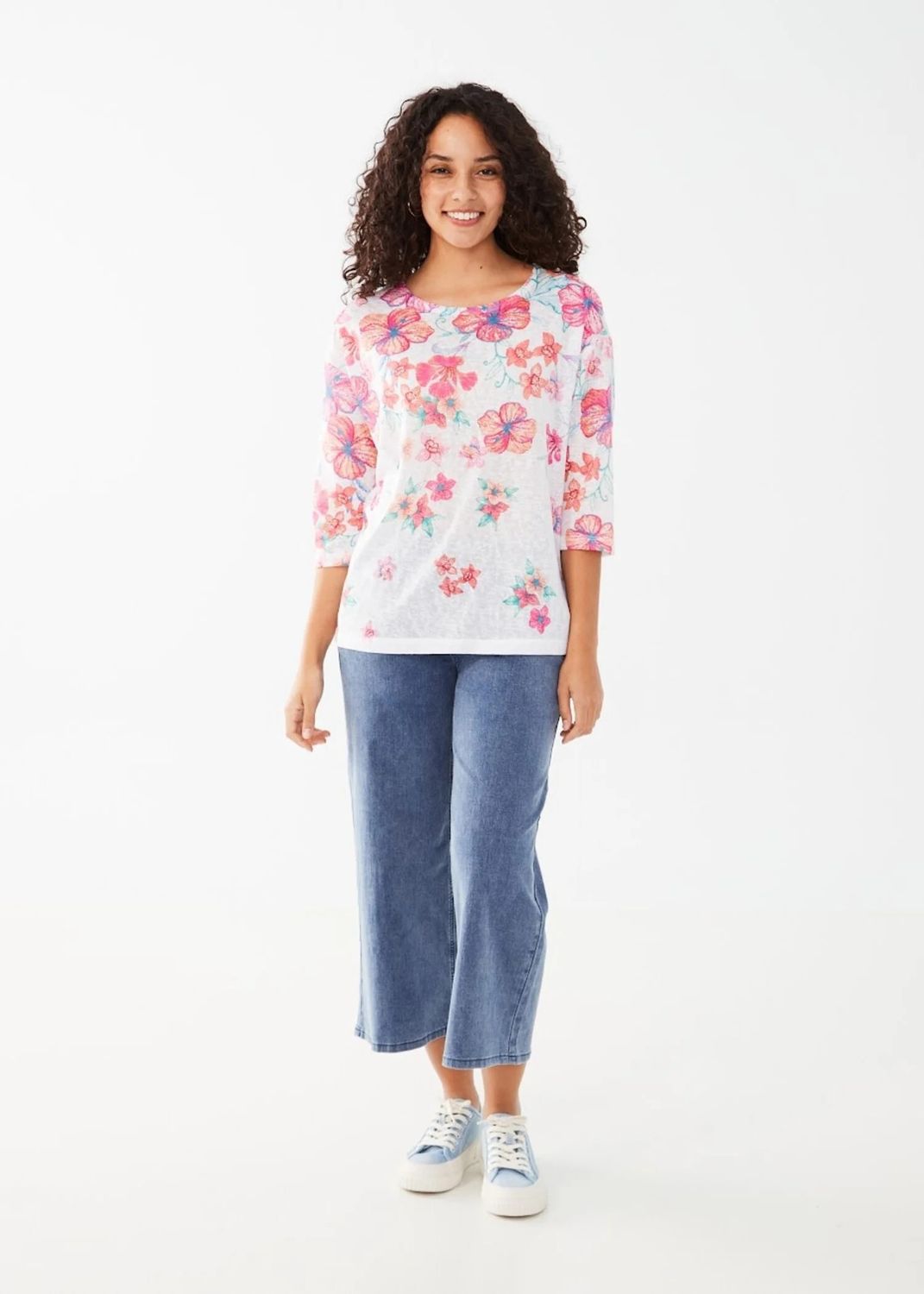 Tropical print drop shoulder tee, Color: Tropical/ Pink, Size: M