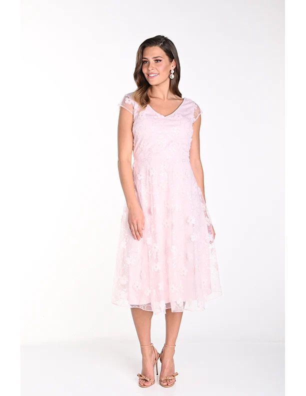 Cap sleeve floral applique dress, Color: Blush, Size: 6