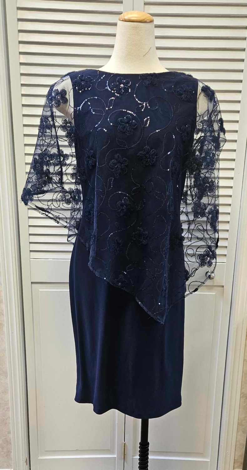 Mesh embossed cape dress, Color: Navy, Size: 10