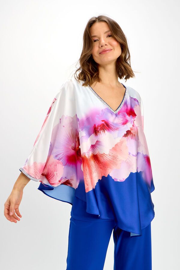 Floral embellished dolman blouse, Color: Marine/ Orchid, Size: S