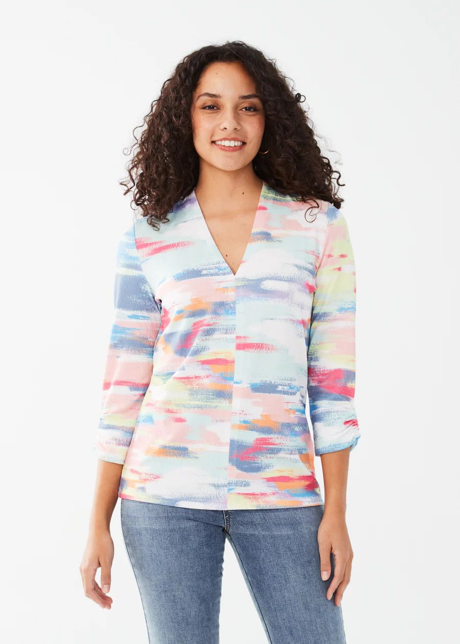 V-neck 3/4 sleeve abstract top, Color: multi, Size: S