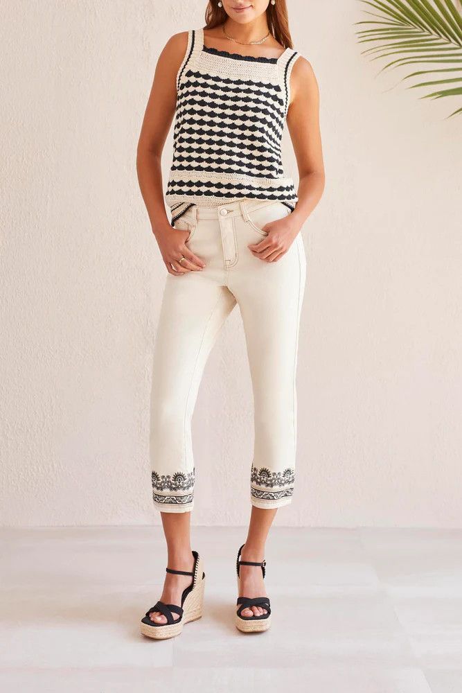 Crop pant w/ embroidered hem, Color: Ecru, Size: 4