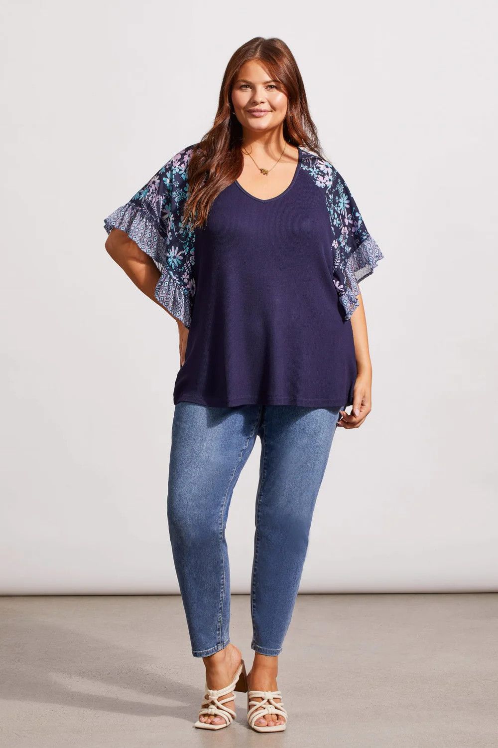 Frilled raglan sleeve top, Color: Nautical, Size: 1X