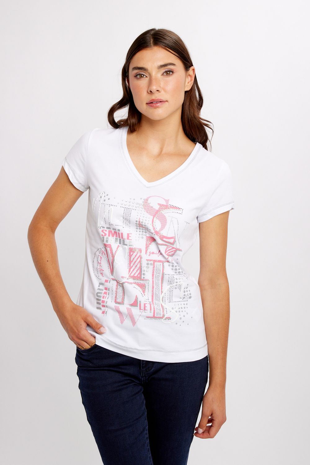 Printed embellished t-shirt, Color: White/ Coral, Size: M