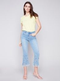 Feathered embroidered hem jean , Color: Med. Blue, Size: 4