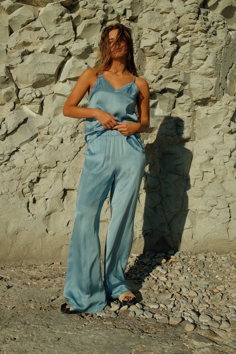 Wide satin flowy pant, Color: Ciel, Size: XS