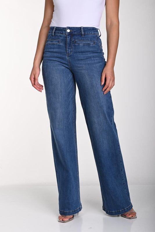 Button front wide leg jean