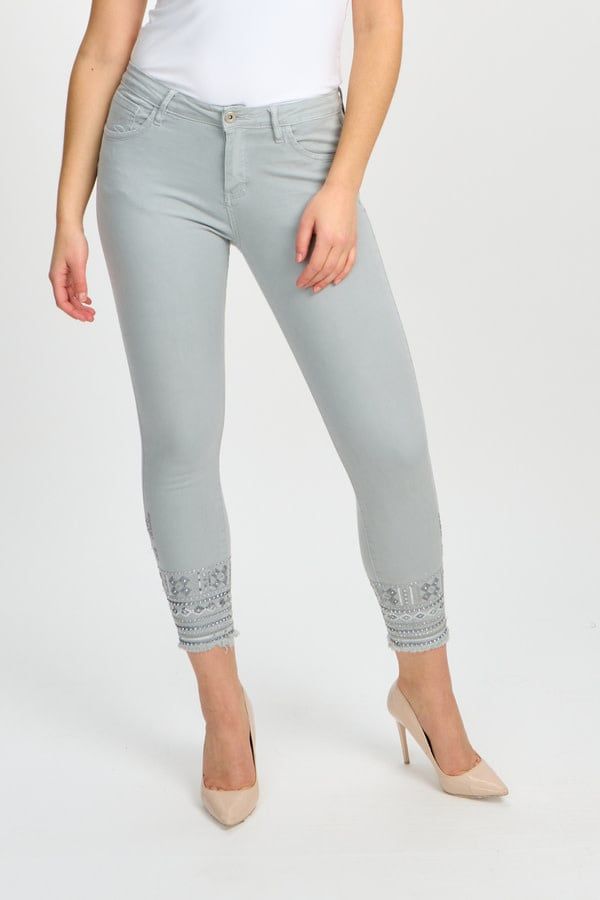 Fringe embroidered hem jean