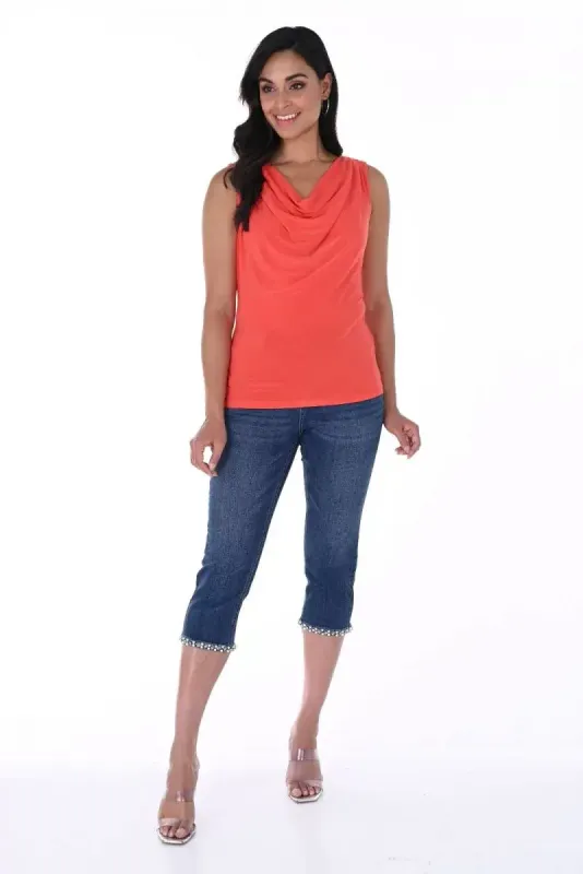 Denim capri w/ bow back embellished trim