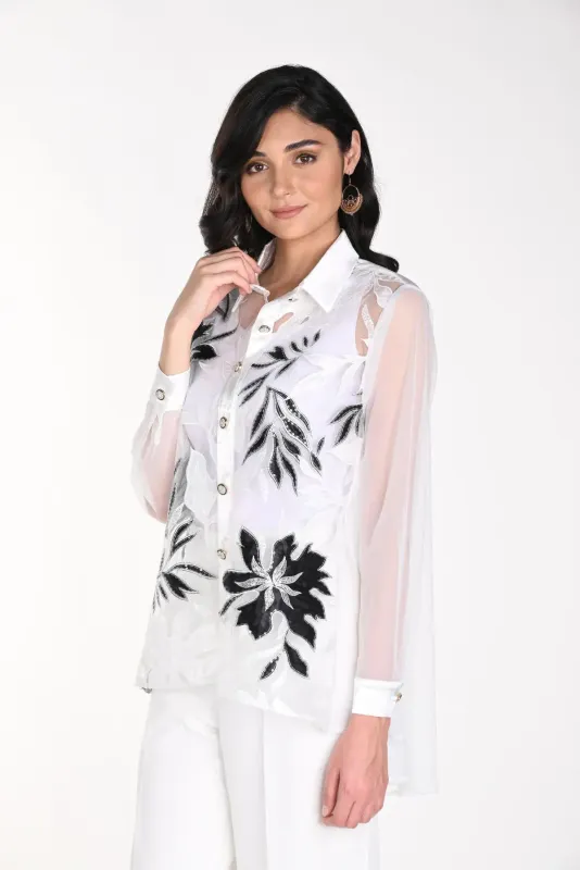 Sheer fold collar embellished blouse