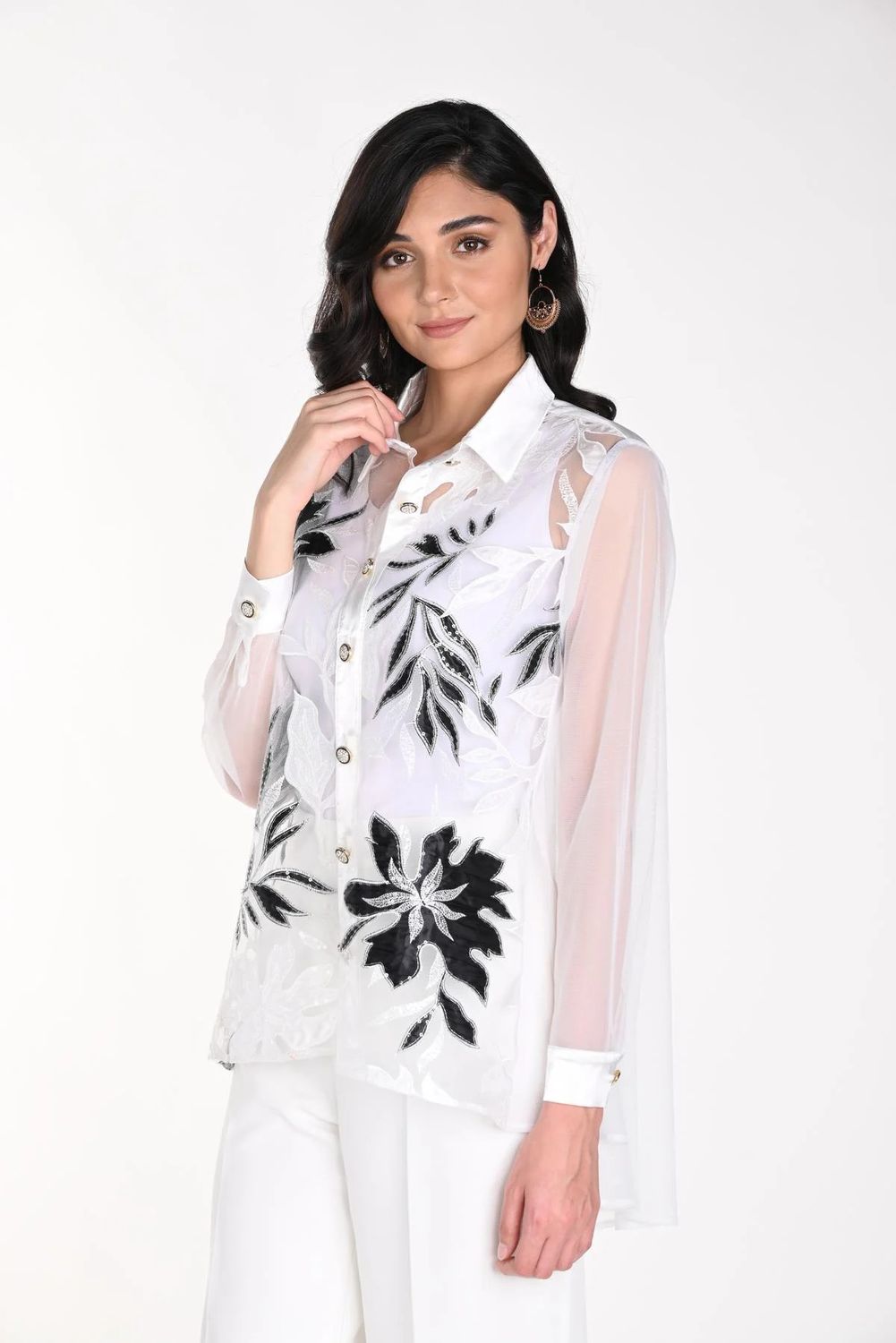 Sheer fold collar embellished blouse, Color: White/ Black, Size: 10