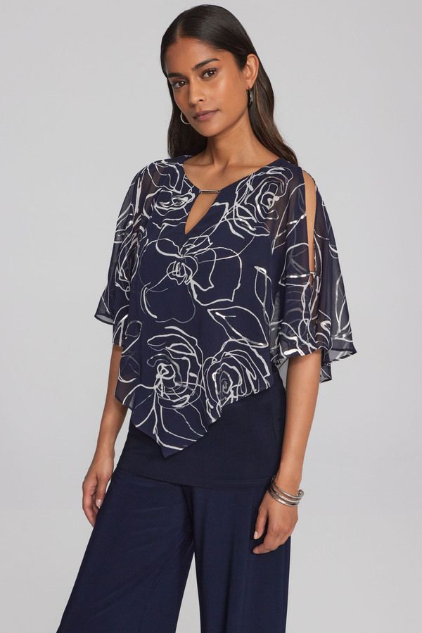 Floral chiffon printed overlay top, Color: Navy Mix, Size: 6