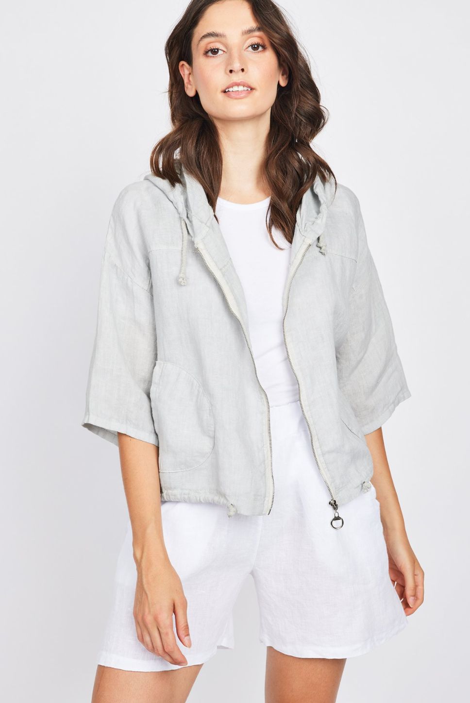 Linen grey hooded zip up shorty jkt