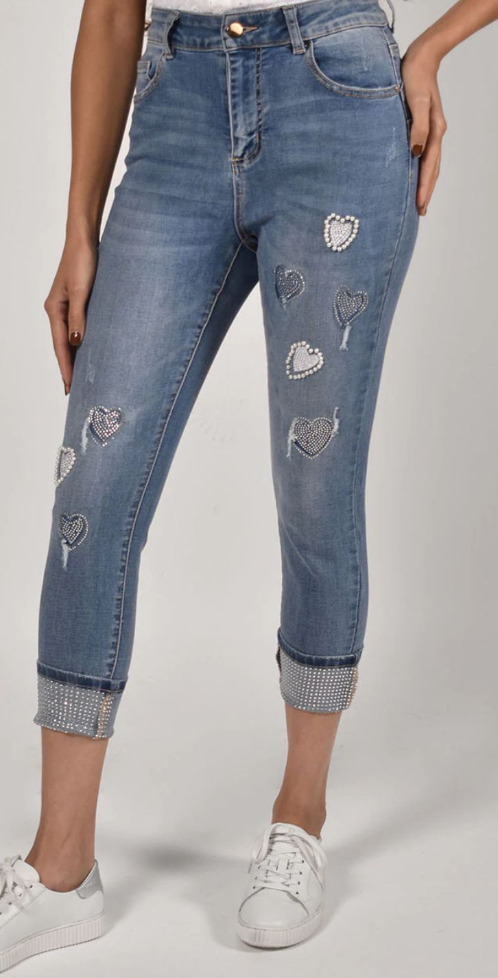 Slim leg crop jean with cut out pearl detail