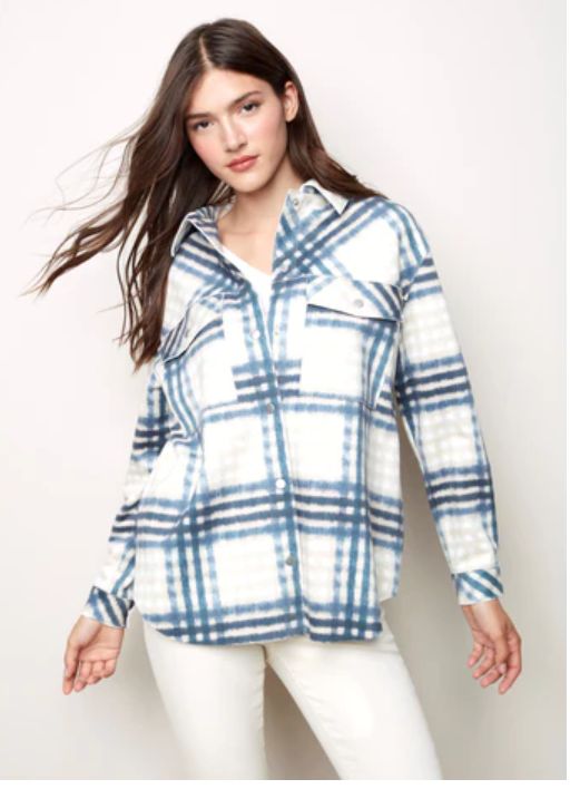 demin plaid scuba shacket