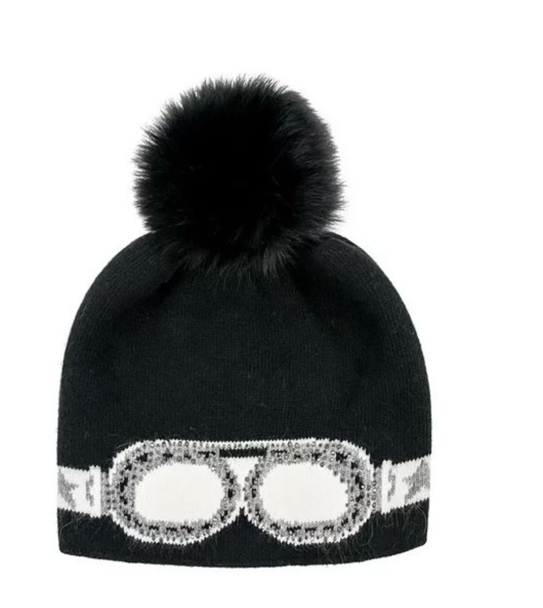 Black sparkle ski hat with fox fur pom pom