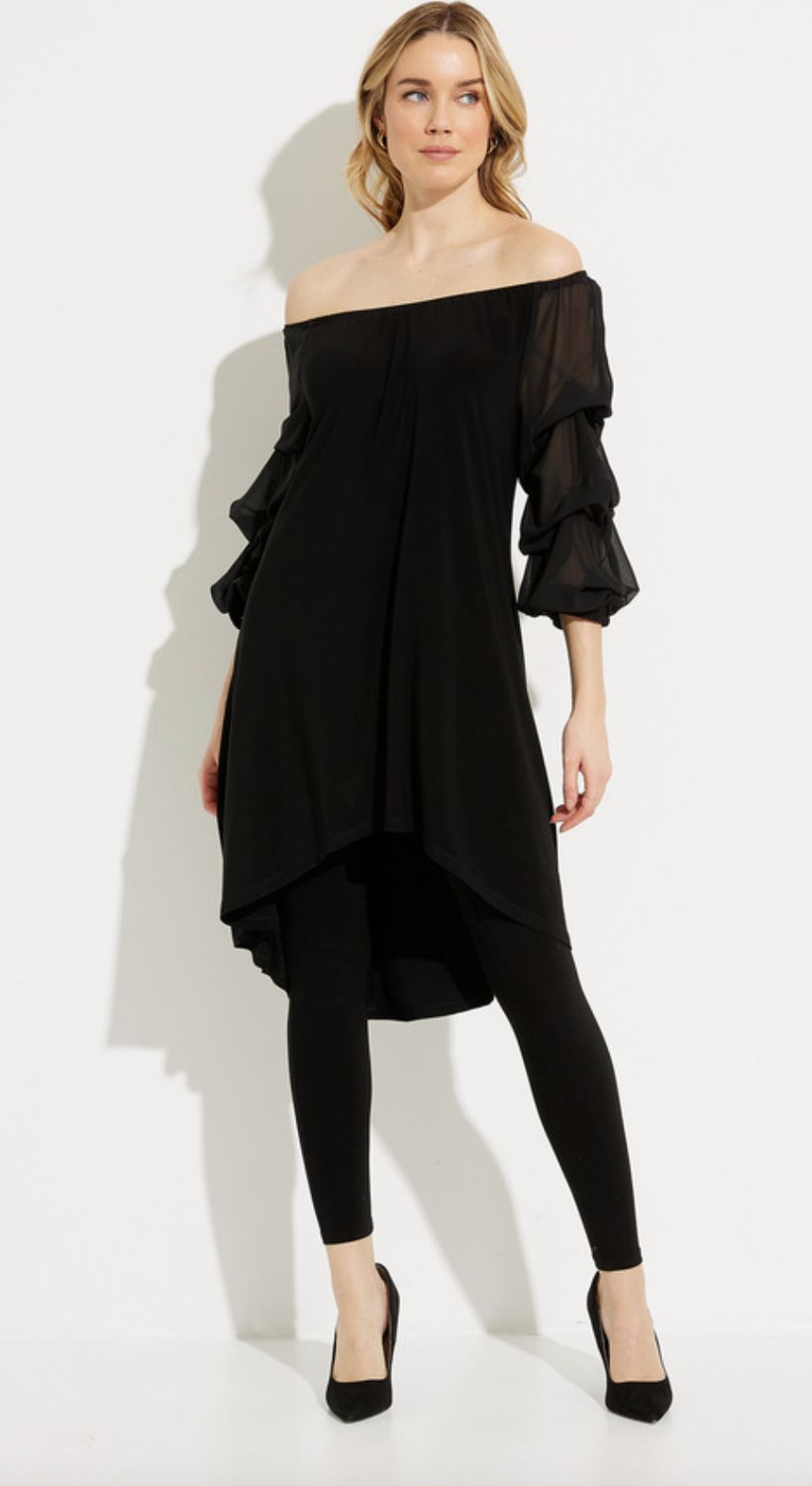 Black cold shoulder tunic top with chiffon ruffle sleeve