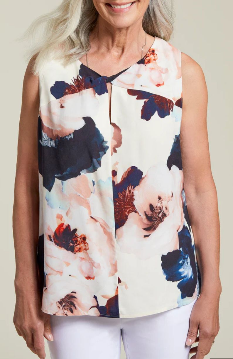 Deep blue mix cream sleeveless blouse