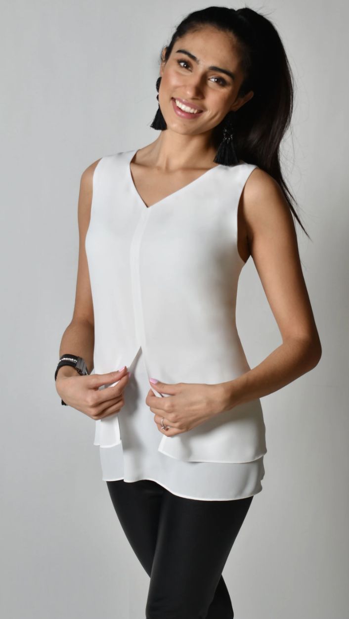 White layered V-neck chiffon camisole
