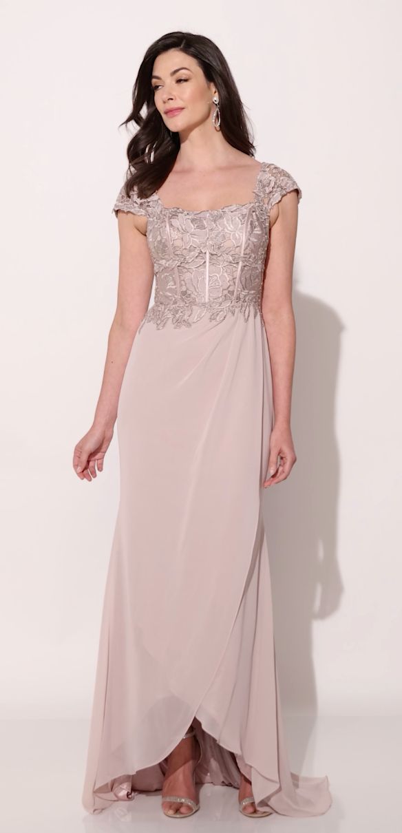 Mink wrap gown with embroidered lace crepe bodice and high-low hem