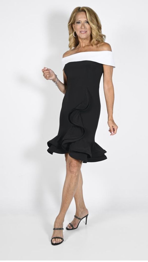 Black/ white off the shoulder ruffle cocktail dress
