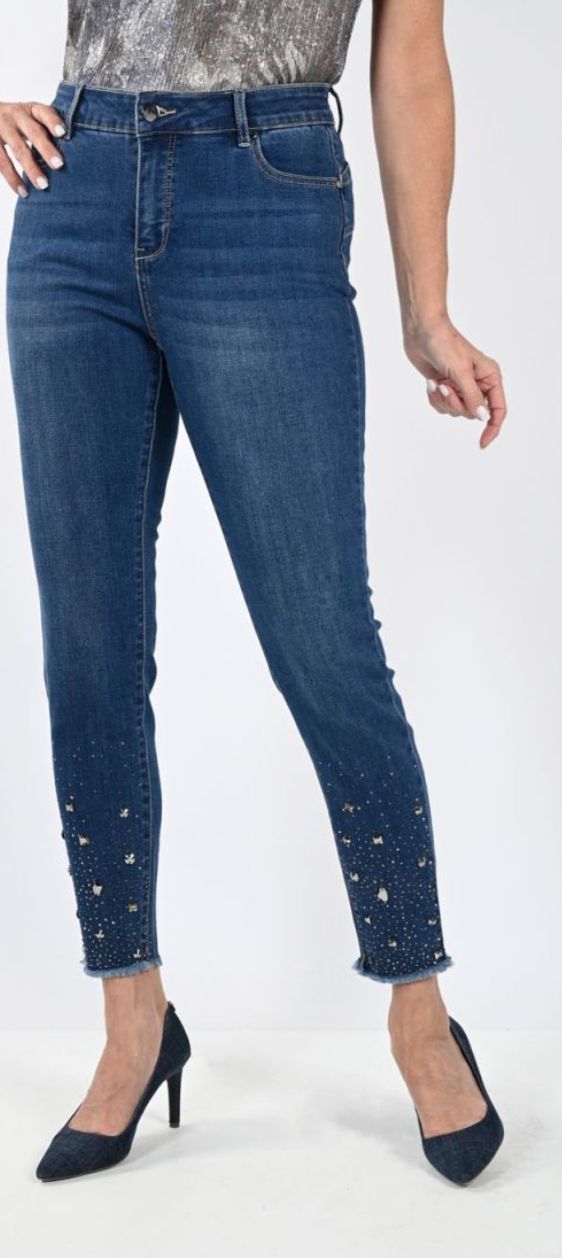 Dark wash jean with frayed embellished hem detail