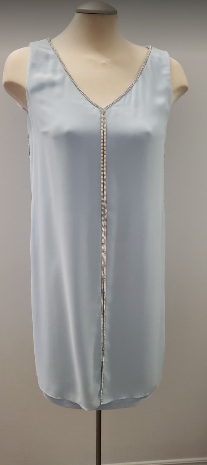 Sky blue double layered sleeveless dress with front slit rhinestone detail
