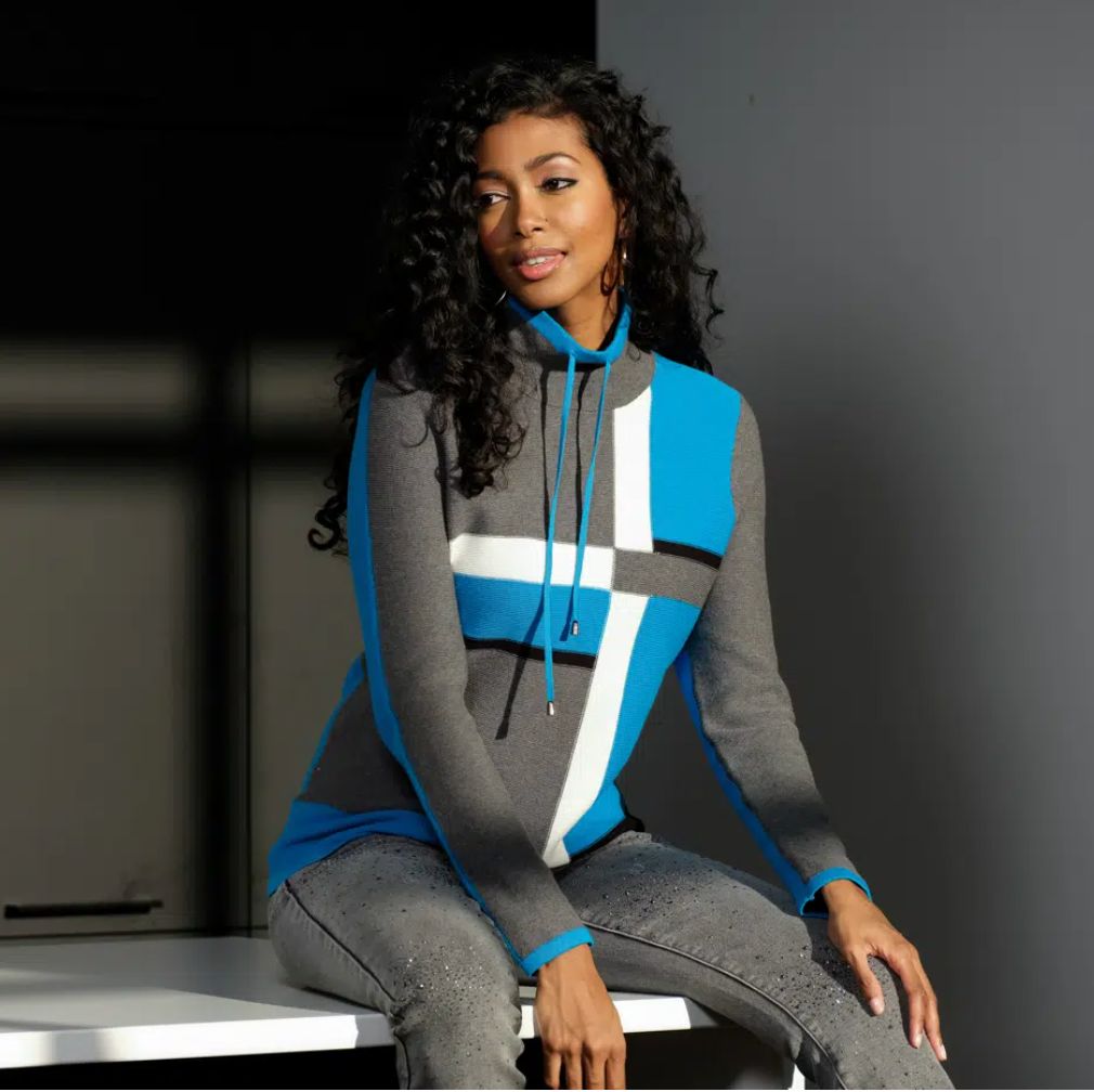 Blue/ grey mix mock neck colour block sweater