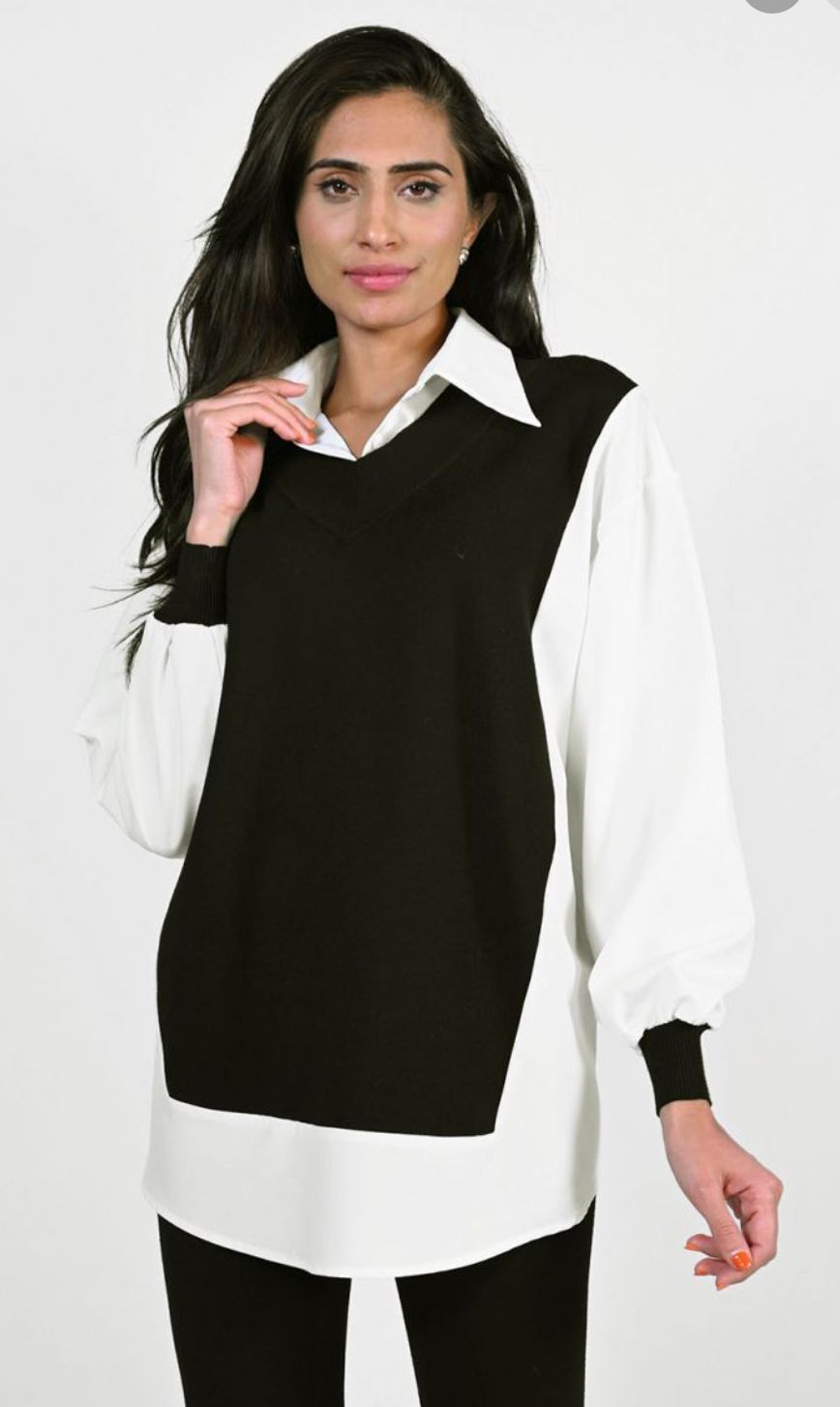 Black/ white woven fooler blouse