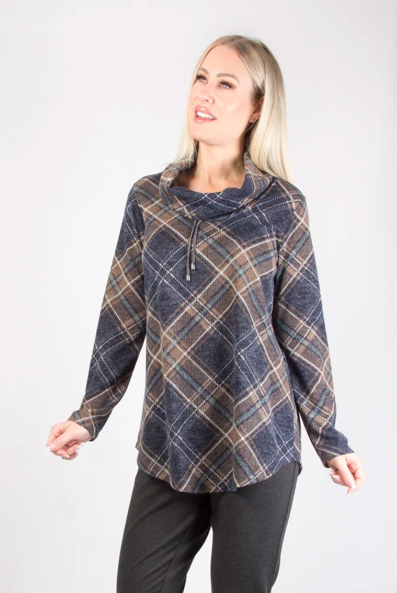 Indigo aqua plaid cowl neck long sleeve