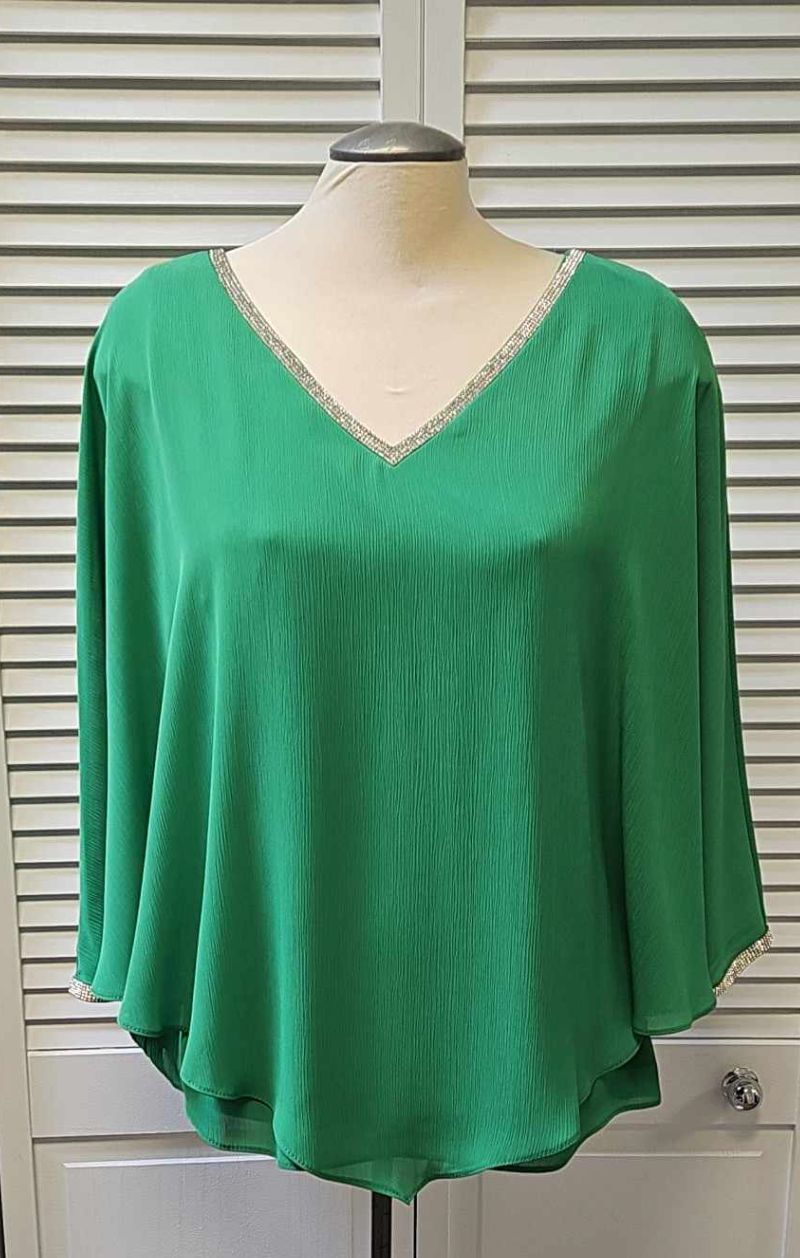 Green v-neck overlay blouse with rhinestone cuff detail