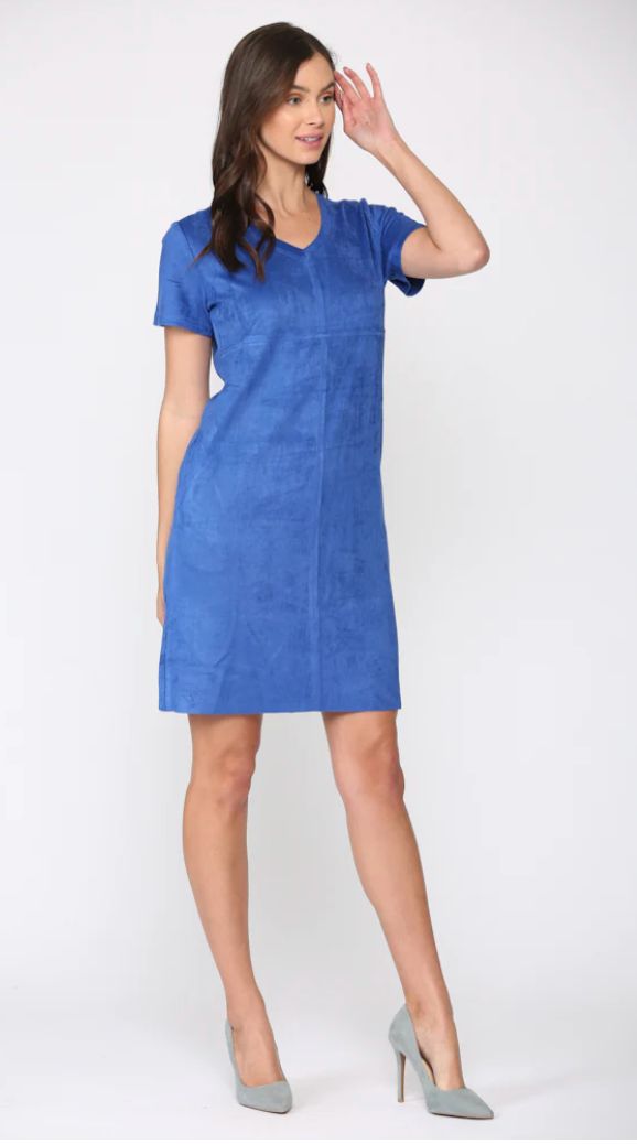 Colbalt  suede v-neck dress with pockets