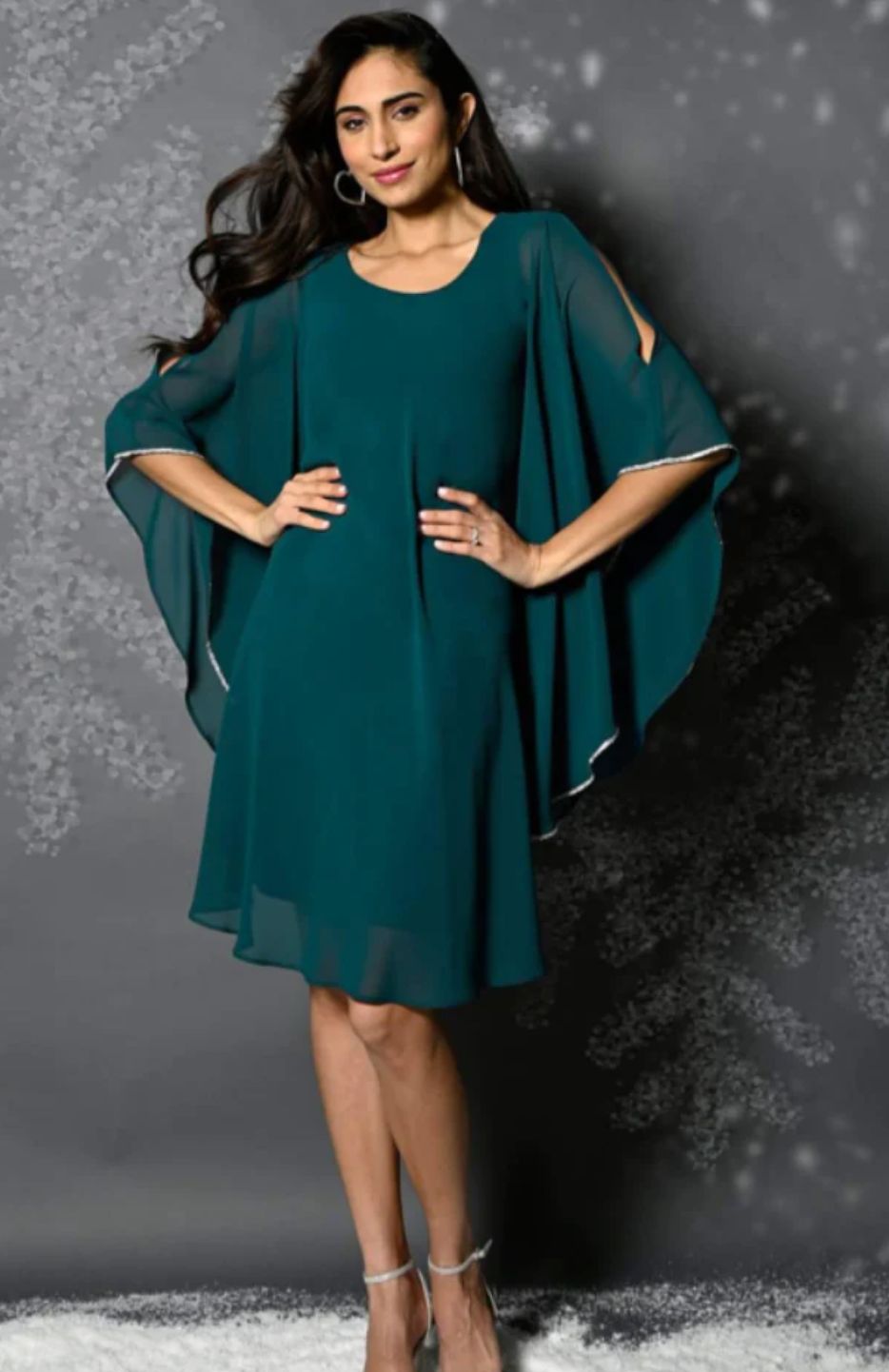 Spruce chiffon overlay and rhinestone edged bell sleeve