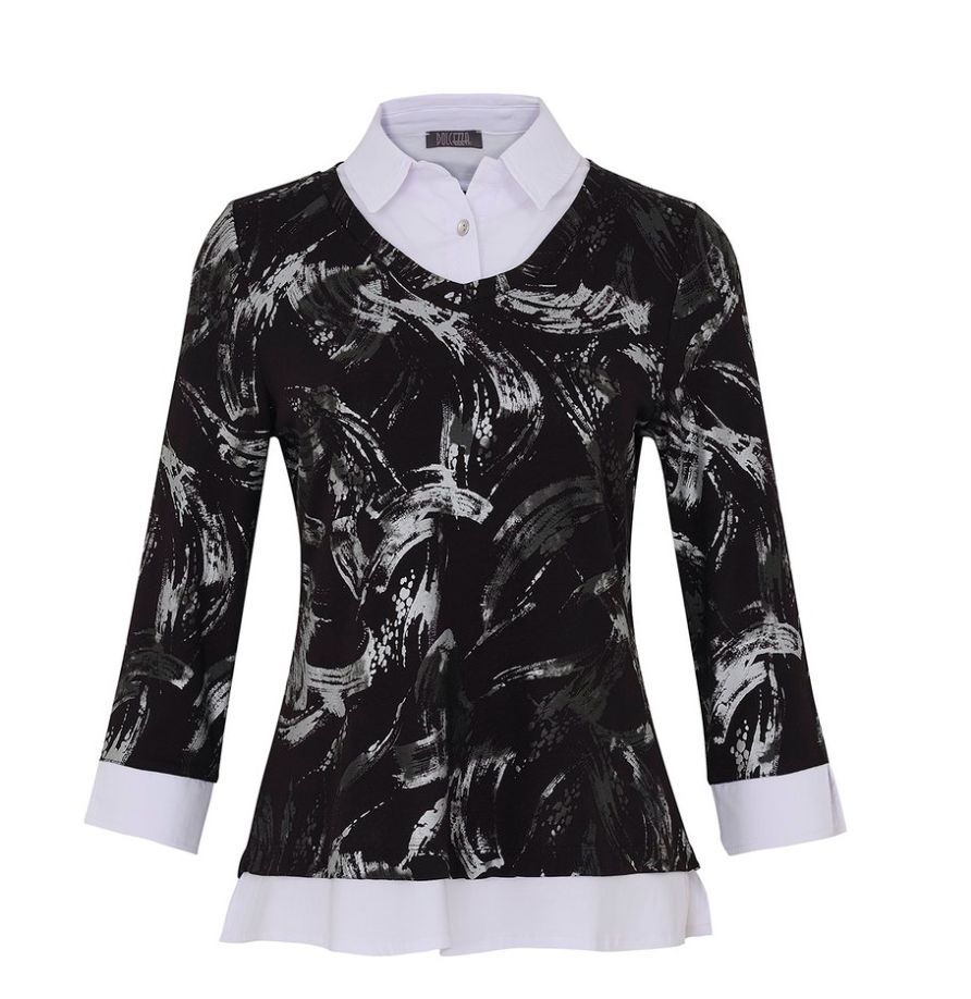 Black/ silver print mock collar blouse