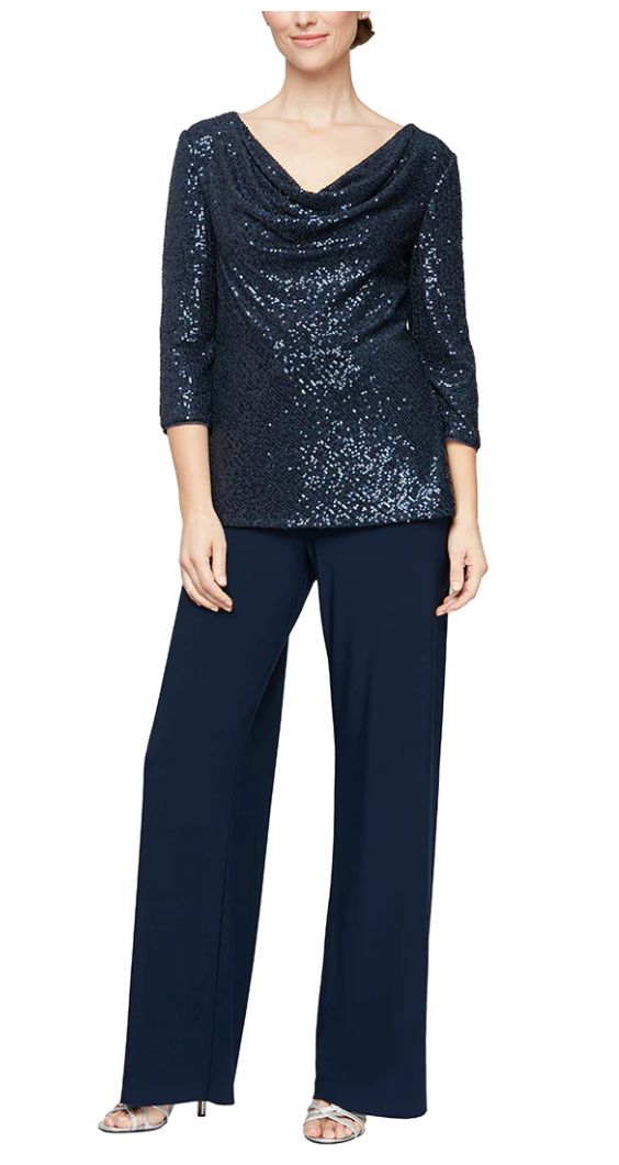 Dark navy cowl neck sequin tunic blouse with jersey pant