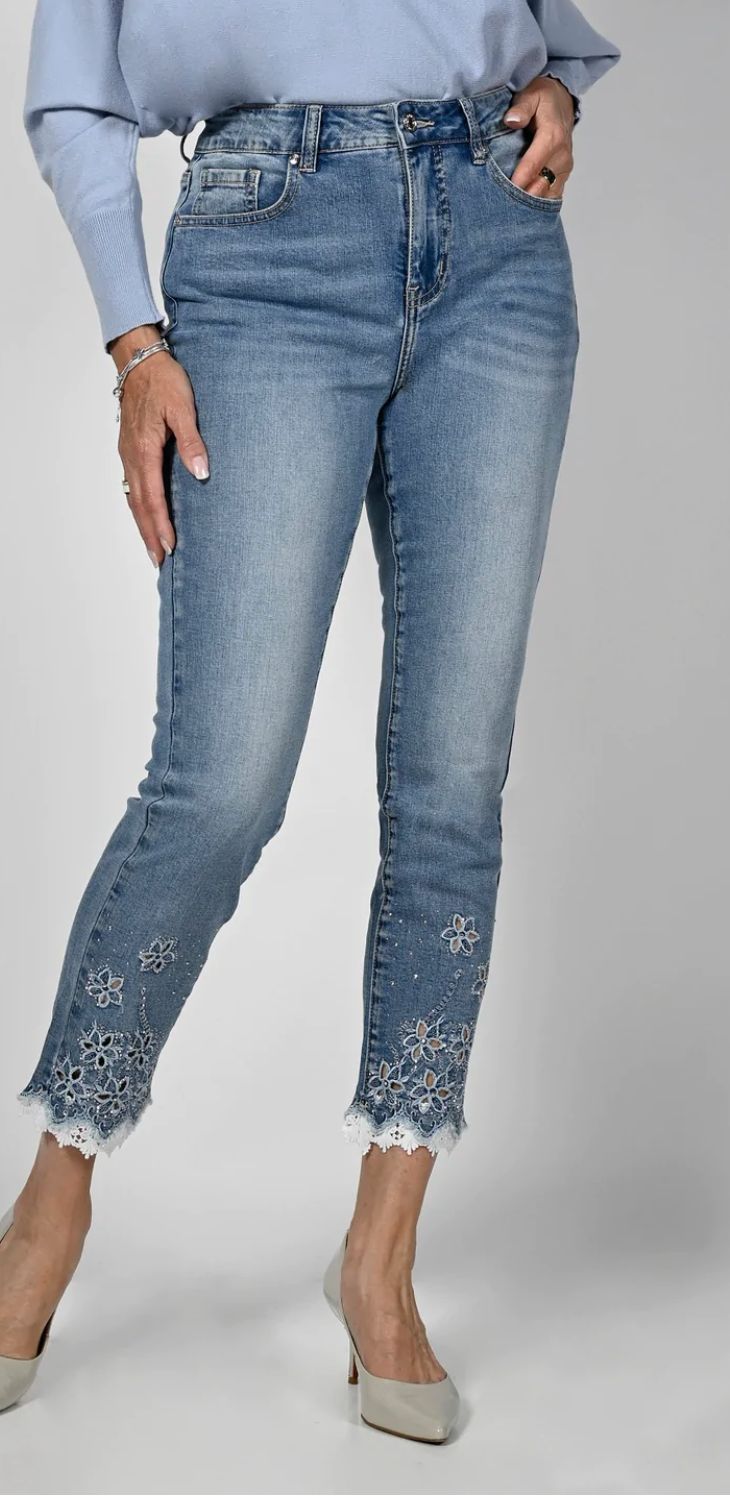 Crop denim lace ans sequin detail trim