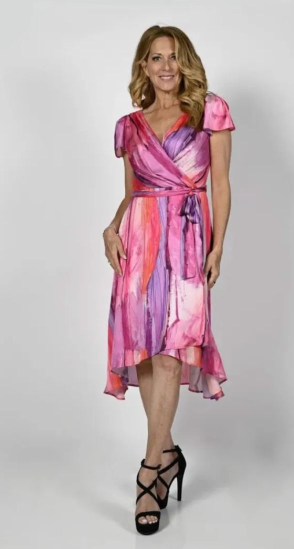Hot pink satin-like high low hem wrap dress