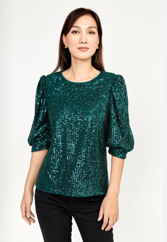 Emerald all over sequin top with 3/4 puff sleeve