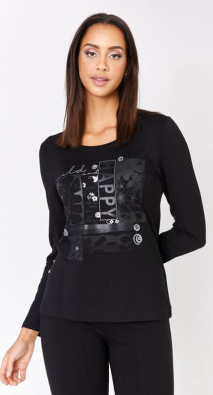 Black script print metallic embellished long sleeve