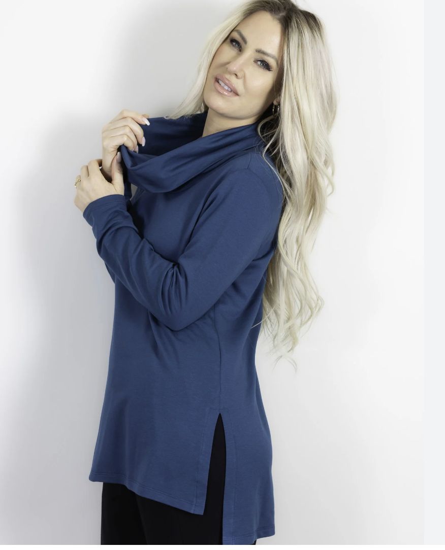 Blue cowl neck long sleeve
