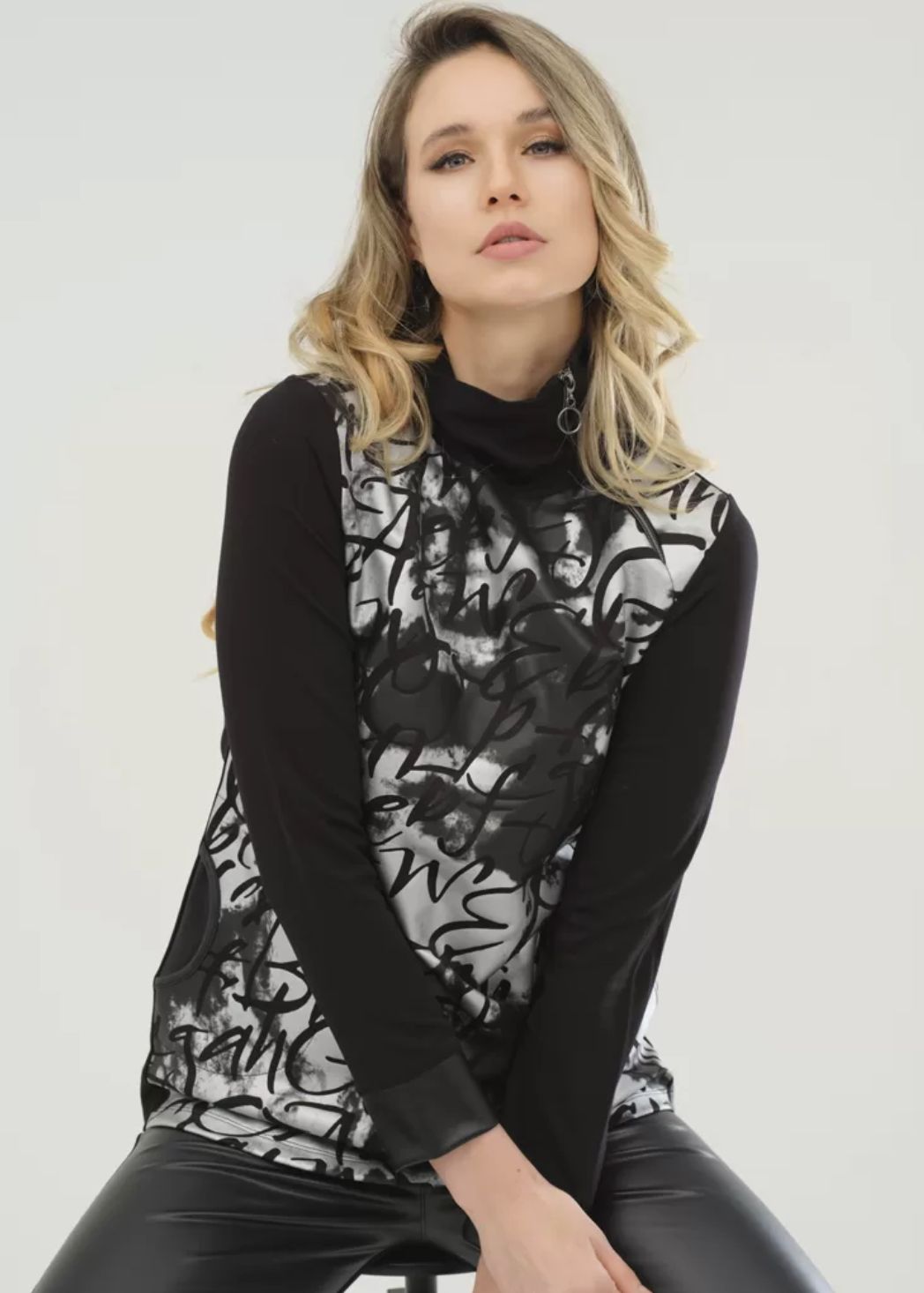 Black/ silver "poetry" print mock neck tunic top
