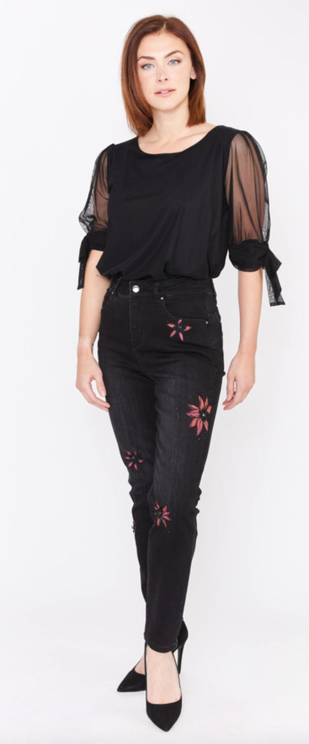 Black jean with magenta embroidered floral detail