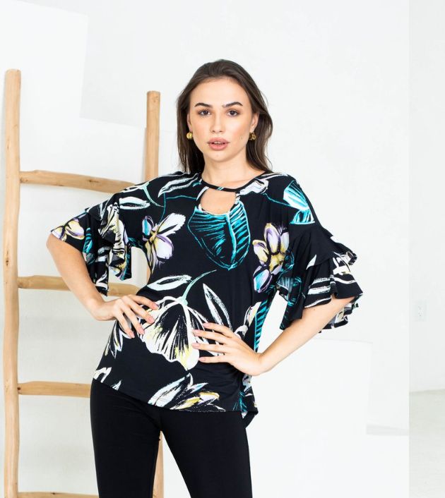Black mix floral print 3/4 bell-tiered ruffle sleeve top with key hole neckline