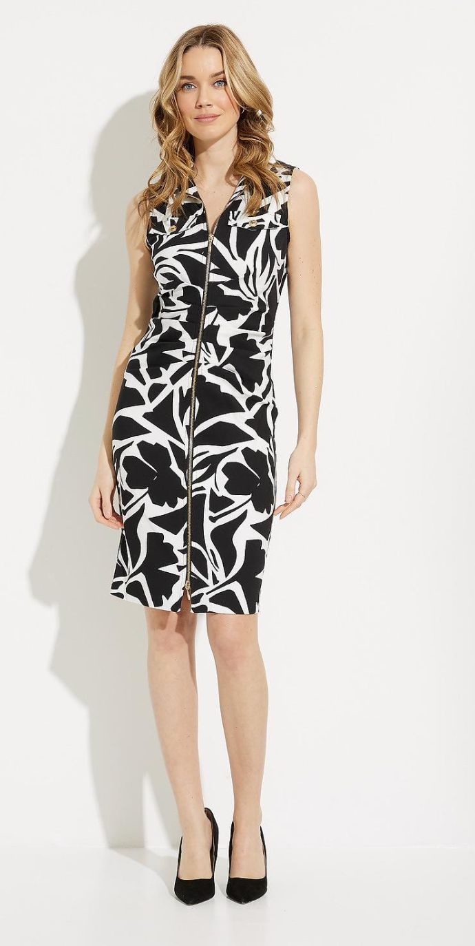 Vanilla/ Black sleeveless abstract print dress with gold hard wear